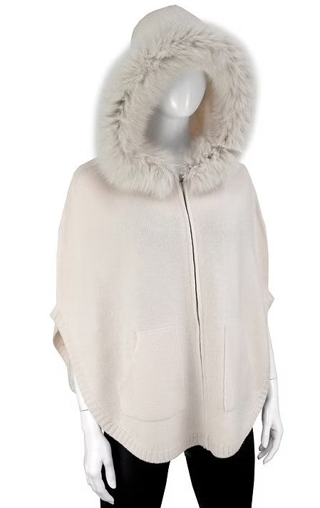POYU17 - Knit Zip-Up Poncho w/ Fur Trimmed Hood-08-Scarves/Wraps-Mitchie's Matchings-Krista Anne's Boutique, Women's Fashion and Accessories Located in Oklahoma City, OK and Black Mountain, NC