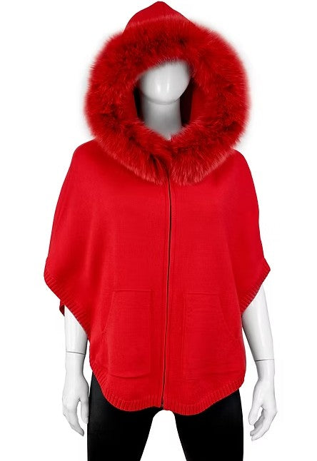 POYU17 - Knit Zip-Up Poncho w/ Fur Trimmed Hood-08-Scarves/Wraps-Mitchie's Matchings-Krista Anne's Boutique, Women's Fashion and Accessories Located in Oklahoma City, OK and Black Mountain, NC