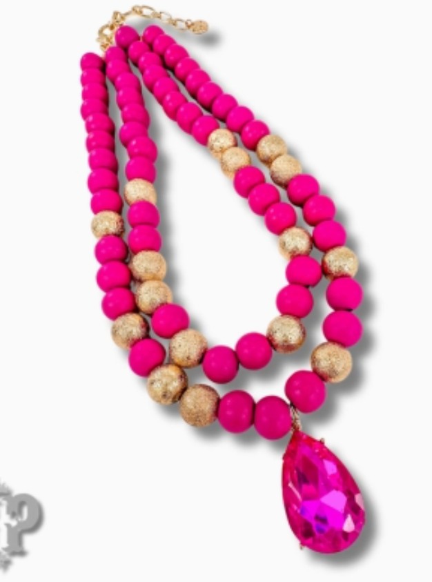 N187 - Wood and Gold Tone Bead Necklace with Rhinestone Teardrop Charm-10-Jewelry-Pink Panache Brands-Krista Anne's Boutique, Women's Fashion and Accessories Located in Oklahoma City, OK and Black Mountain, NC