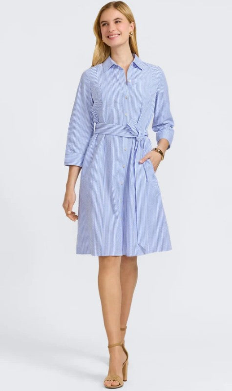203581 - Fiona Seersucker Thin Stripe 3/4 Sleeve Dress-06-Dresses/Jumpsuits-Foxcroft-Krista Anne's Boutique, Women's Fashion and Accessories Located in Oklahoma City, OK and Black Mountain, NC
