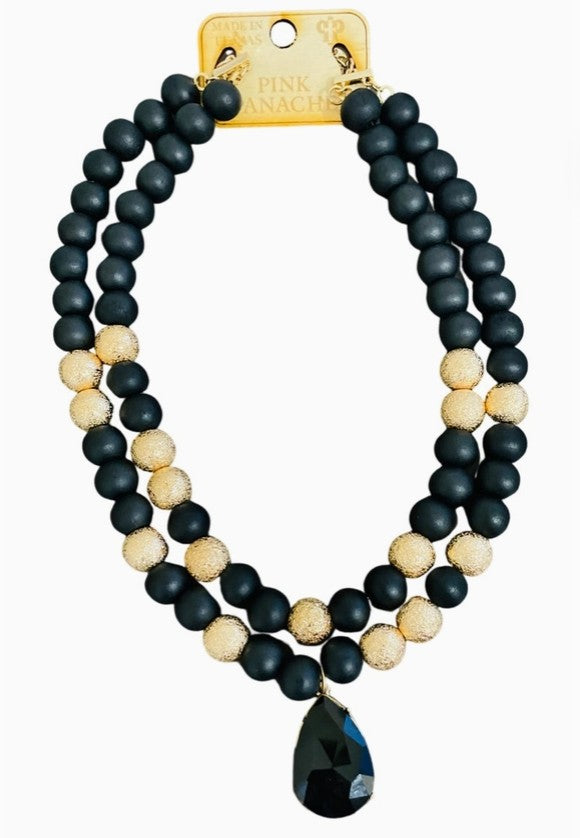 N187 - Wood and Gold Tone Bead Necklace with Rhinestone Teardrop Charm-10-Jewelry-Pink Panache Brands-Krista Anne's Boutique, Women's Fashion and Accessories Located in Oklahoma City, OK and Black Mountain, NC