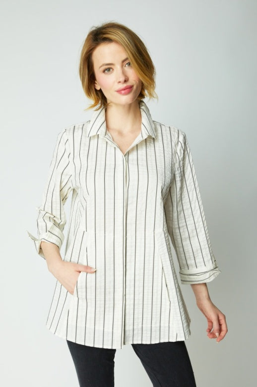 15119 - East Side Stripes Hidden Placket Shirt-02-Tops/Blouses-Habitat-Krista Anne's Boutique, Women's Fashion and Accessories Located in Oklahoma City, OK and Black Mountain, NC