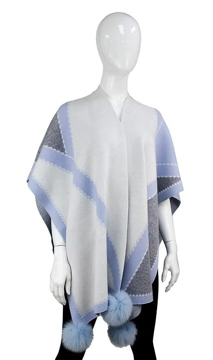 WRIM32 - Knit Poncho w/ Border Detail & Fox Fur Poms-08-Scarves/Wraps-Mitchie's Matchings-Krista Anne's Boutique, Women's Fashion and Accessories Located in Oklahoma City, OK and Black Mountain, NC