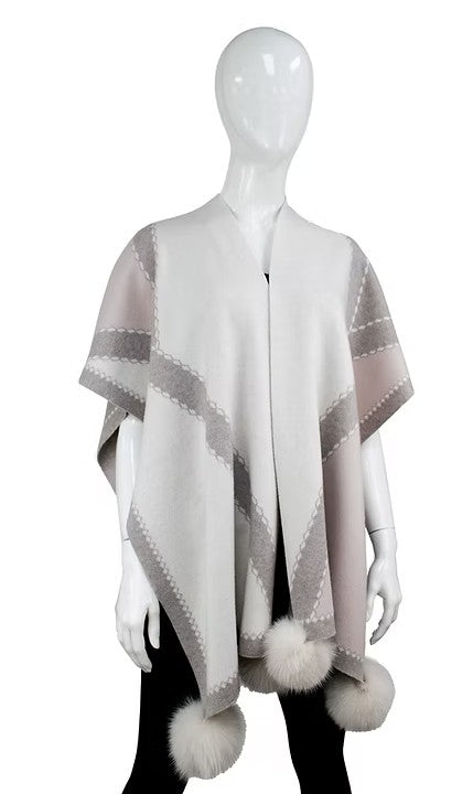 WRIM32 - Knit Poncho w/ Border Detail & Fox Fur Poms-08-Scarves/Wraps-Mitchie's Matchings-Krista Anne's Boutique, Women's Fashion and Accessories Located in Oklahoma City, OK and Black Mountain, NC