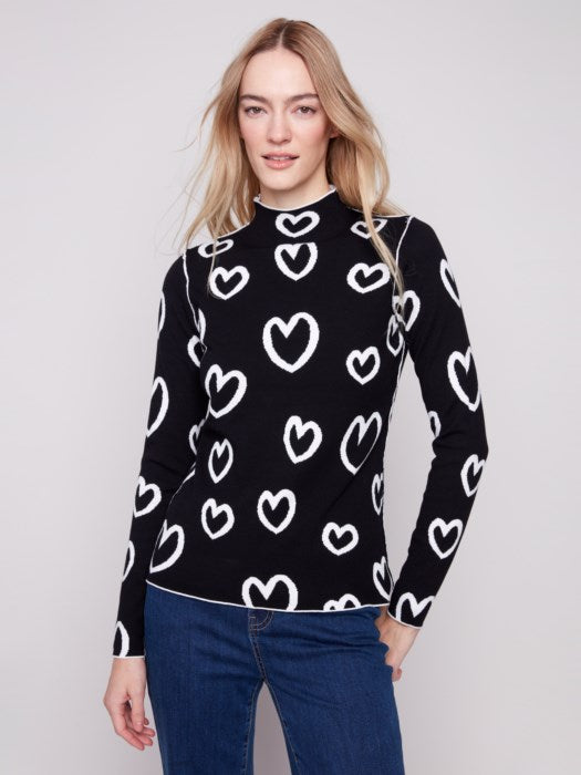 C2681PR-965B - Reversible Heart Print Mock Neck Sweater-05-Sweaters-Charlie B.-Krista Anne's Boutique, Women's Fashion and Accessories Located in Oklahoma City, OK and Black Mountain, NC