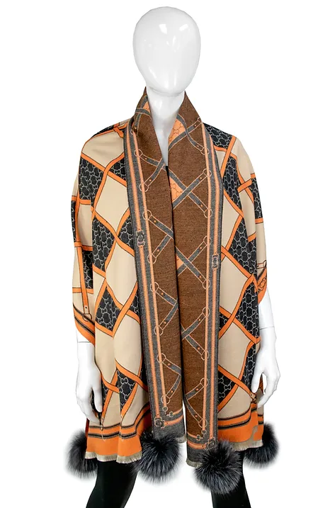 SCOC15 - Wide Woven Zigzag Belt Design Scarf w/ Fox Poms-08-Scarves/Wraps-Mitchie's Matchings-Krista Anne's Boutique, Women's Fashion and Accessories Located in Oklahoma City, OK and Black Mountain, NC