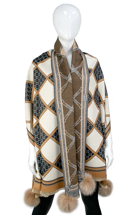 SCOC15 - Wide Woven Zigzag Belt Design Scarf w/ Fox Poms-08-Scarves/Wraps-Mitchie's Matchings-Krista Anne's Boutique, Women's Fashion and Accessories Located in Oklahoma City, OK and Black Mountain, NC