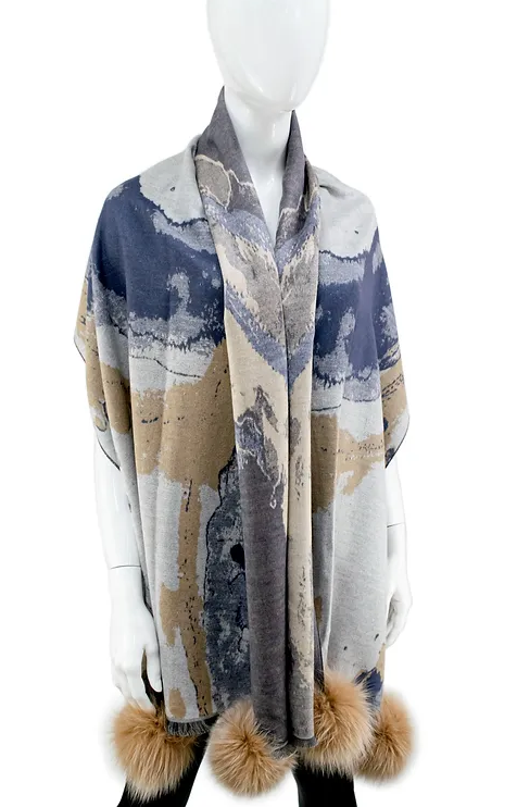 SCCO28 - Woven Watercolor Scarf w/ Fox Poms-08-Scarves/Wraps-Mitchie's Matchings-Krista Anne's Boutique, Women's Fashion and Accessories Located in Oklahoma City, OK and Black Mountain, NC