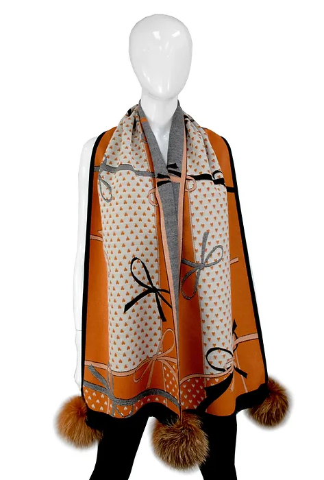 SCOC04 - Narrow Bow Print Scarf w/ Fox Poms-08-Scarves/Wraps-Mitchie's Matchings-Krista Anne's Boutique, Women's Fashion and Accessories Located in Oklahoma City, OK and Black Mountain, NC
