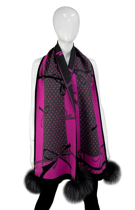 SCOC04 - Narrow Bow Print Scarf w/ Fox Poms-08-Scarves/Wraps-Mitchie's Matchings-Krista Anne's Boutique, Women's Fashion and Accessories Located in Oklahoma City, OK and Black Mountain, NC