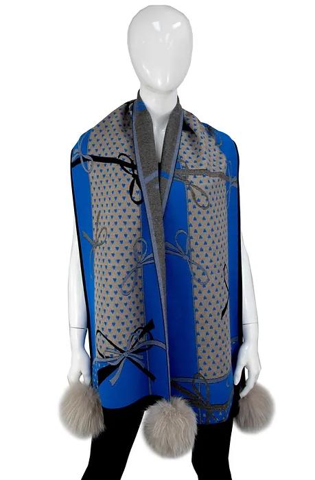 SCOC04 - Narrow Bow Print Scarf w/ Fox Poms-08-Scarves/Wraps-Mitchie's Matchings-Krista Anne's Boutique, Women's Fashion and Accessories Located in Oklahoma City, OK and Black Mountain, NC