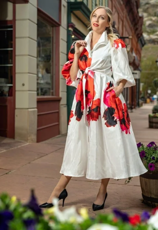 S23035 - Printed Duppioni Dress w/ Double Collar-06-Dresses/Jumpsuits-Samuel Dong-Krista Anne's Boutique, Women's Fashion and Accessories Located in Oklahoma City, OK and Black Mountain, NC