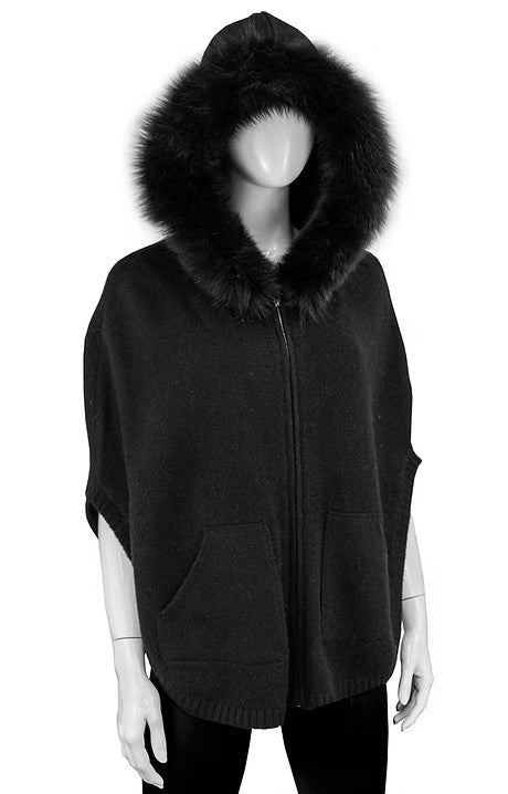 POYU17 - Knit Zip-Up Poncho w/ Fur Trimmed Hood-08-Scarves/Wraps-Mitchie's Matchings-Krista Anne's Boutique, Women's Fashion and Accessories Located in Oklahoma City, OK and Black Mountain, NC