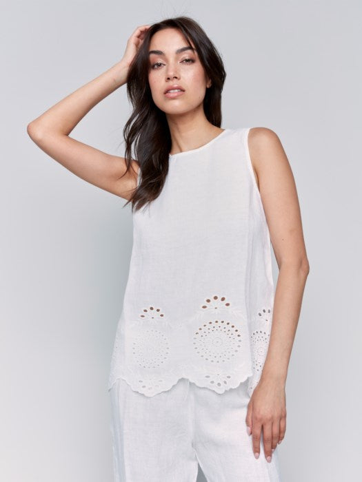 C4510E-844C - Sleeveless Linen Top with Eyelet Embroidery-03-Tees/Tanks-Charlie B.-Krista Anne's Boutique, Women's Fashion and Accessories Located in Oklahoma City, OK and Black Mountain, NC