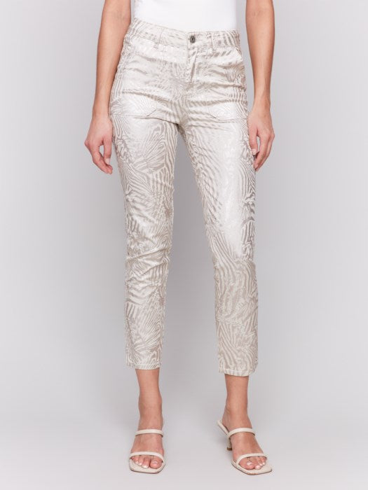 C5635-242C - Metallic Print Slim Fit Twill Pants-04-Bottoms-Charlie B.-Krista Anne's Boutique, Women's Fashion and Accessories Located in Oklahoma City, OK and Black Mountain, NC
