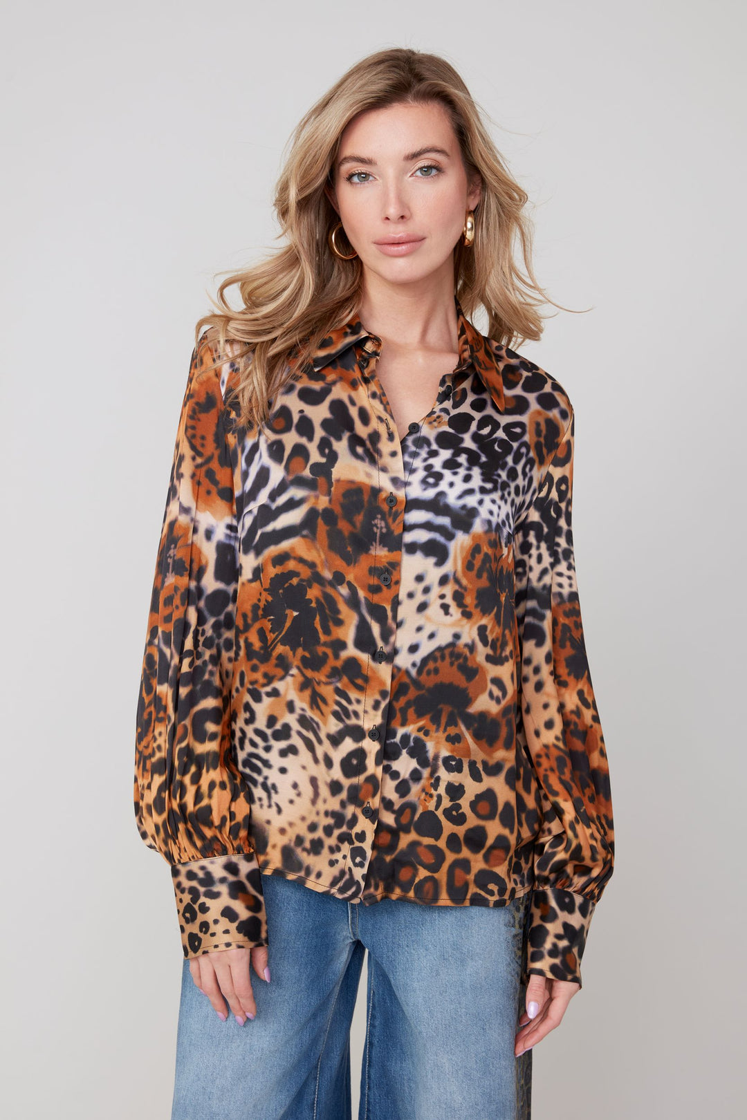 R5211 - Animal Print Button Down Blouse-02-Tops/Blouses-Renuar-Krista Anne's Boutique, Women's Fashion and Accessories Located in Oklahoma City, OK and Black Mountain, NC