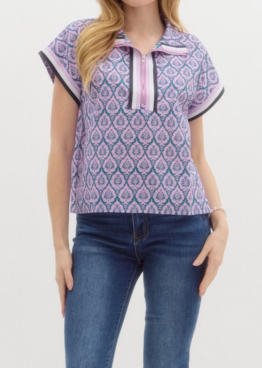 T26229 - Damask Print Half Zip Top-03-Tees/Tanks-Entro-Krista Anne's Boutique, Women's Fashion and Accessories Located in Oklahoma City, OK and Black Mountain, NC