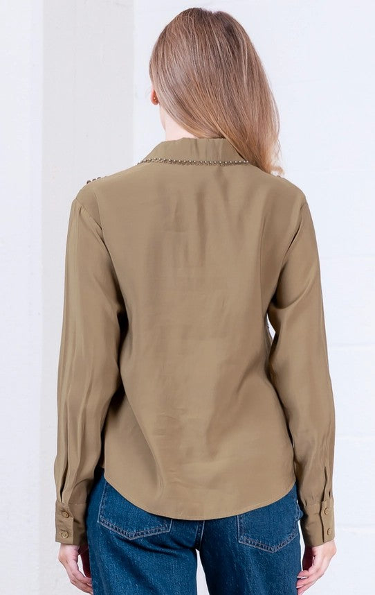 WT4262T - Embellished Button Down Blouse-06-Dresses/Jumpsuits-Aslan Rose-Krista Anne's Boutique, Women's Fashion and Accessories Located in Oklahoma City, OK and Black Mountain, NC