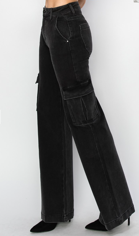 RDP5489H - High Rise Wide Leg Cargo Jeans-04-Bottoms-Risen Jeans-Krista Anne's Boutique, Women's Fashion and Accessories Located in Oklahoma City, OK and Black Mountain, NC