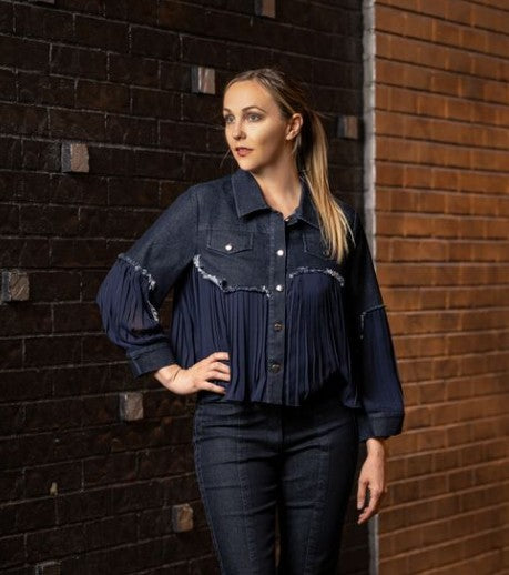 F24022 - Denim Jacket w/ Pleated Georgette-01-Jackets/Blazers-Samuel Dong-Krista Anne's Boutique, Women's Fashion and Accessories Located in Oklahoma City, OK and Black Mountain, NC