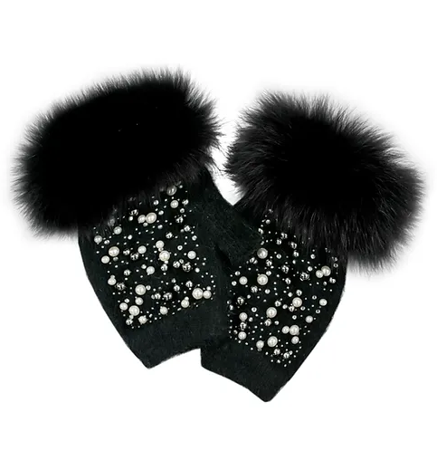 GLKG28 - Knit Fingerless Gloves w/ Pearls and Fox Fur Trim-09-Accessories-Mitchie's Matchings-Krista Anne's Boutique, Women's Fashion and Accessories Located in Oklahoma City, OK and Black Mountain, NC