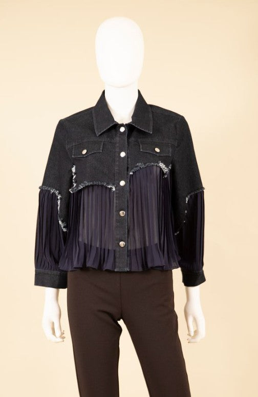 F24022 - Denim Jacket w/ Pleated Georgette-01-Jackets/Blazers-Samuel Dong-Krista Anne's Boutique, Women's Fashion and Accessories Located in Oklahoma City, OK and Black Mountain, NC