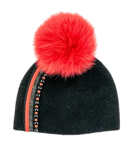 HTAN86 - Stripe/Crystals Knit Beanie w/ Fox Pom-09-Accessories-Mitchie's Matchings-Krista Anne's Boutique, Women's Fashion and Accessories Located in Oklahoma City, OK and Black Mountain, NC