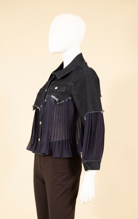 F24022 - Denim Jacket w/ Pleated Georgette-01-Jackets/Blazers-Samuel Dong-Krista Anne's Boutique, Women's Fashion and Accessories Located in Oklahoma City, OK and Black Mountain, NC