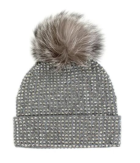 HTAN90 - Crystal Beanie w/ Fox Pom-09-Accessories-Mitchie's Matchings-Krista Anne's Boutique, Women's Fashion and Accessories Located in Oklahoma City, OK and Black Mountain, NC