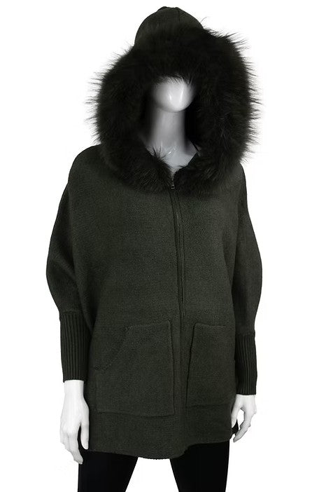 POYU40 - Knit Poncho w/ Pockets and Fox Fur Trim-08-Scarves/Wraps-Mitchie's Matchings-Krista Anne's Boutique, Women's Fashion and Accessories Located in Oklahoma City, OK and Black Mountain, NC