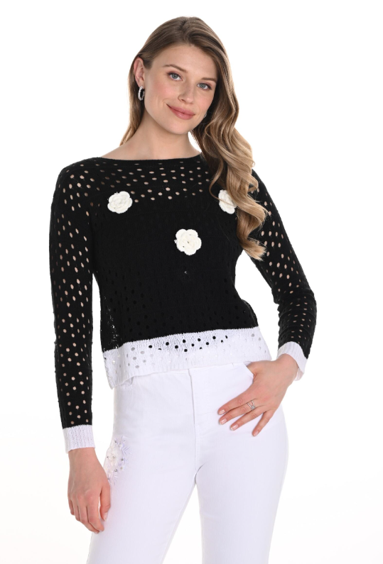 256745U - Open Knit Sweater w/ Flowers-05-Sweaters-Frank Lyman-Krista Anne's Boutique, Women's Fashion and Accessories Located in Oklahoma City, OK and Black Mountain, NC