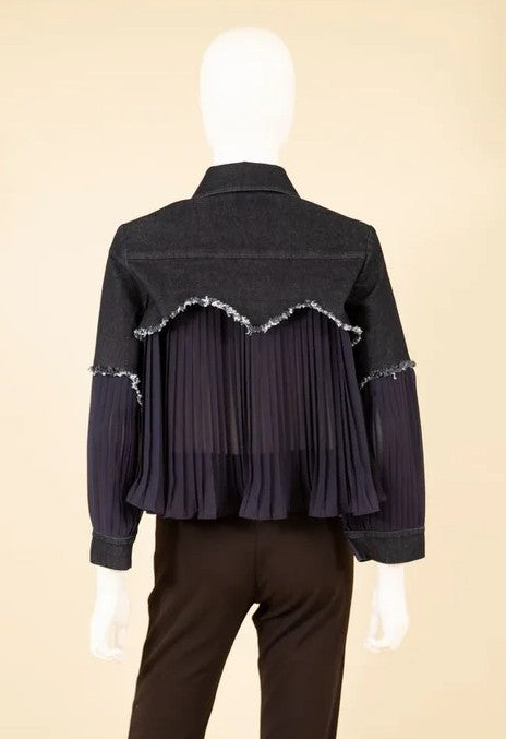 F24022 - Denim Jacket w/ Pleated Georgette-01-Jackets/Blazers-Samuel Dong-Krista Anne's Boutique, Women's Fashion and Accessories Located in Oklahoma City, OK and Black Mountain, NC