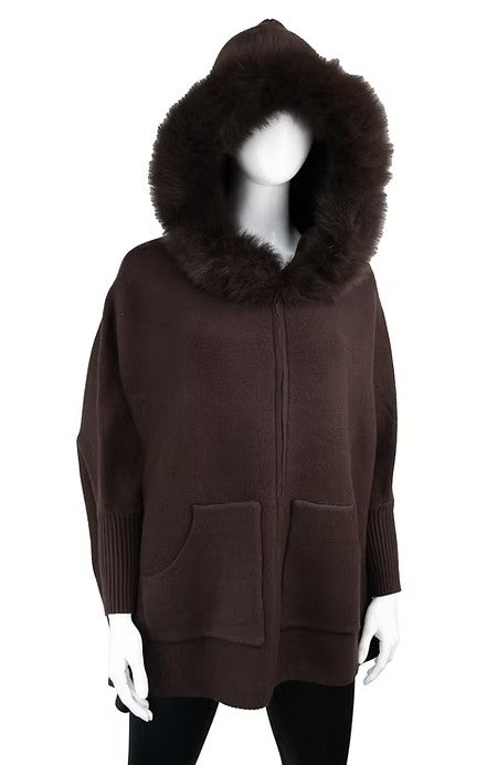 POYU40 - Knit Poncho w/ Pockets and Fox Fur Trim-08-Scarves/Wraps-Mitchie's Matchings-Krista Anne's Boutique, Women's Fashion and Accessories Located in Oklahoma City, OK and Black Mountain, NC