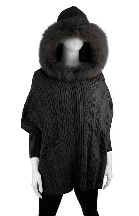 POYU42 - Cable Knit Poncho w/ Fox Fur Trim Hood-08-Scarves/Wraps-Mitchie's Matchings-Krista Anne's Boutique, Women's Fashion and Accessories Located in Oklahoma City, OK and Black Mountain, NC