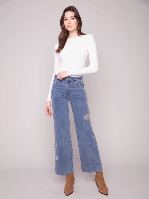 C5669-431A - Flower And Sequins Embroidered Wide Leg Stretch Denim Pants-04-Bottoms-Charlie B.-Krista Anne's Boutique, Women's Fashion and Accessories Located in Oklahoma City, OK and Black Mountain, NC