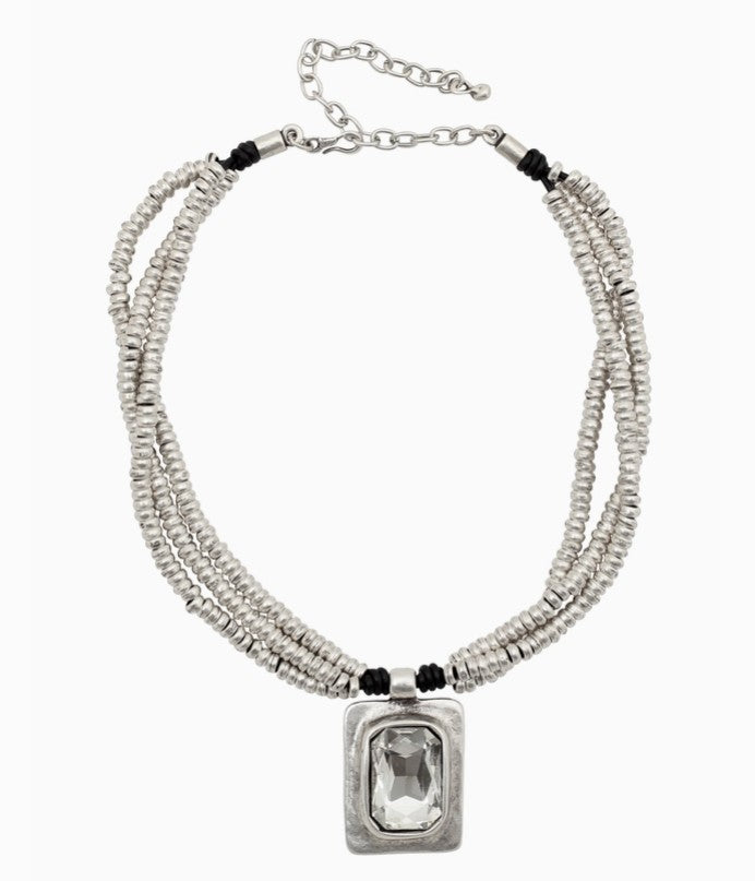 ZNL-114 - Layered Silver Bead Necklace With Crystal Pendant-10-Jewelry-Ancient Bazaar-Krista Anne's Boutique, Women's Fashion and Accessories Located in Oklahoma City, OK and Black Mountain, NC