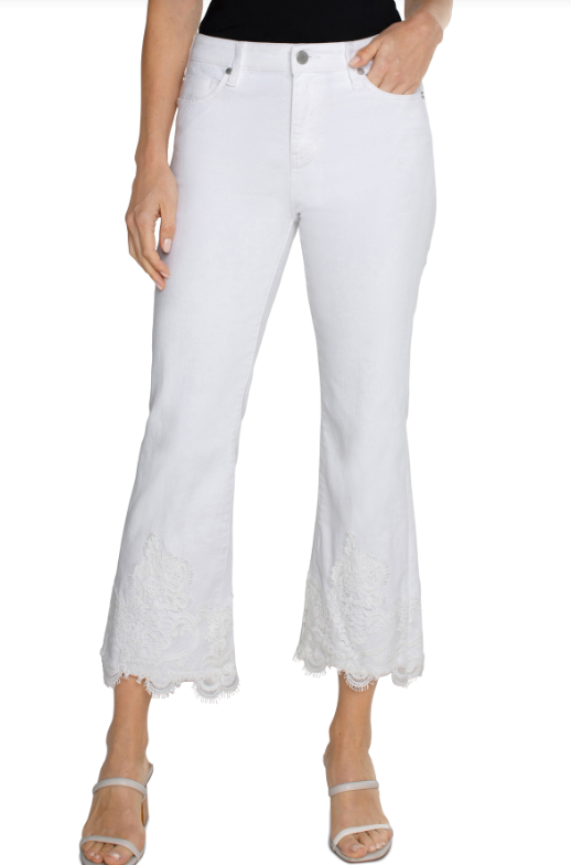 LM7977QPW - Hannah Crop Flare w/ Lace Applique and Fray Hem-04-Bottoms-Liverpool-Krista Anne's Boutique, Women's Fashion and Accessories Located in Oklahoma City, OK and Black Mountain, NC