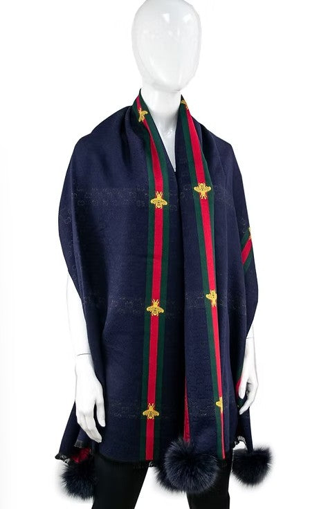 SCCO88 - Woven Scarf w/ Embroidered Bees and Fox Poms-08-Scarves/Wraps-Mitchie's Matchings-Krista Anne's Boutique, Women's Fashion and Accessories Located in Oklahoma City, OK and Black Mountain, NC