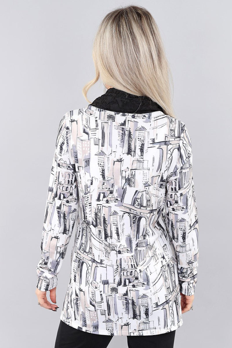 25F1957 - NYC Cityscape Cowl Top-02-Tops/Blouses-Michael Tyler Collections-Krista Anne's Boutique, Women's Fashion and Accessories Located in Oklahoma City, OK and Black Mountain, NC