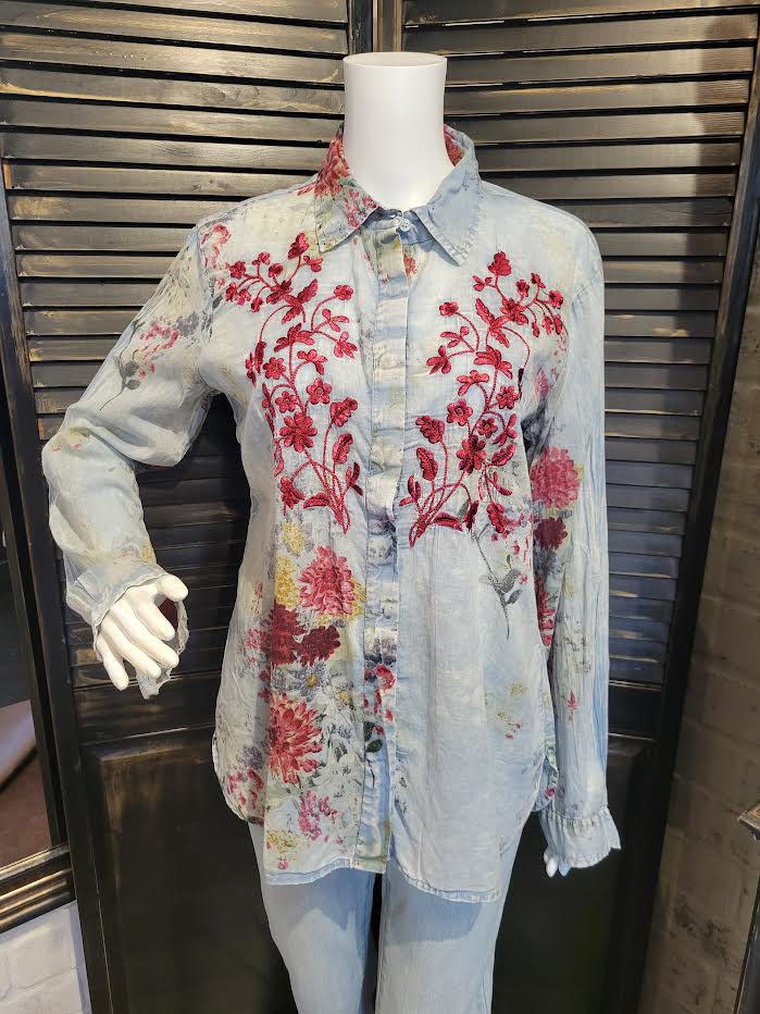 769277 - Embroidered Cotton Gauze Button Down-2-Tops/Blouses-Aslan Rose-Krista Anne's Boutique, Women's Fashion and Accessories Located in Oklahoma City, OK