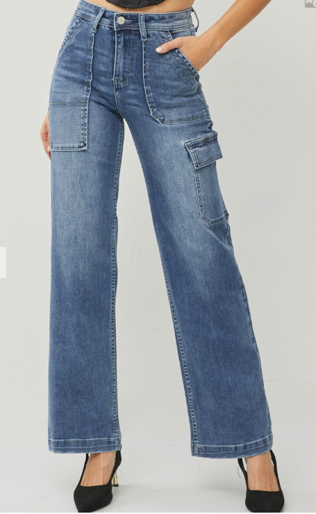 RDP5534 - High Rise Cargo Pocket Wide Leg Jeans-04-Bottoms-Risen Jeans-Krista Anne's Boutique, Women's Fashion and Accessories Located in Oklahoma City, OK and Black Mountain, NC