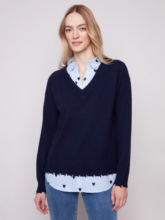 C2568E-464A - V-Neck Fooler Sweater w/ Poplin Shirt Collar-02-Tops/Blouses-Charlie B.-Krista Anne's Boutique, Women's Fashion and Accessories Located in Oklahoma City, OK and Black Mountain, NC