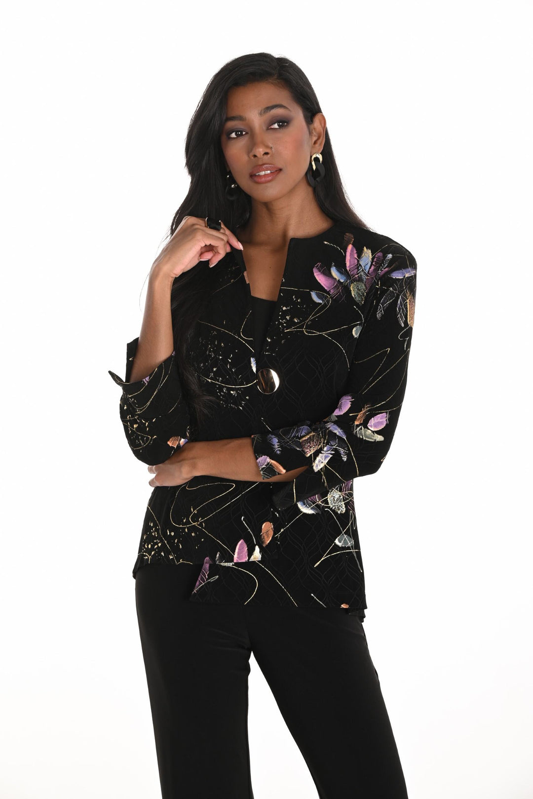 259163 - Abstract Floral Jacket with Gold Accent-01-Jackets/Blazers-Frank Lyman-Krista Anne's Boutique, Women's Fashion and Accessories Located in Oklahoma City, OK and Black Mountain, NC
