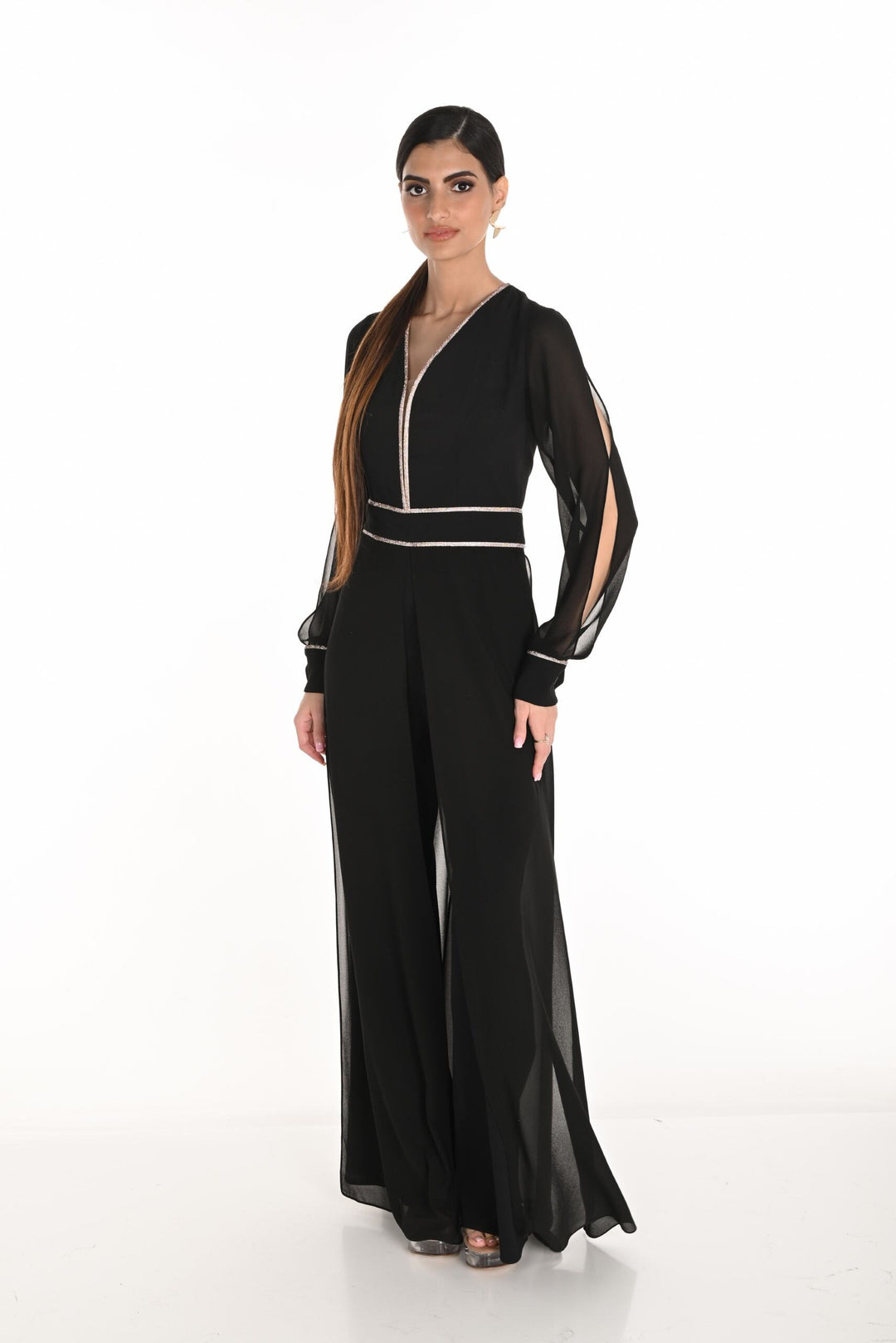 259751 - Sheer Sleeve Trimmed Jumpsuit-06-Dresses/Jumpsuits-Frank Lyman-Krista Anne's Boutique, Women's Fashion and Accessories Located in Oklahoma City, OK and Black Mountain, NC