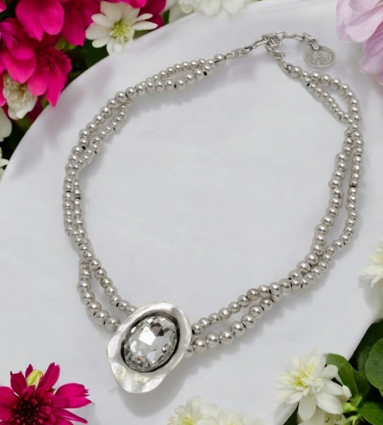 1577 - Silver Beaded Necklace with Hammered Pendant-10-Jewelry-Ancient Bazaar-Krista Anne's Boutique, Women's Fashion and Accessories Located in Oklahoma City, OK and Black Mountain, NC