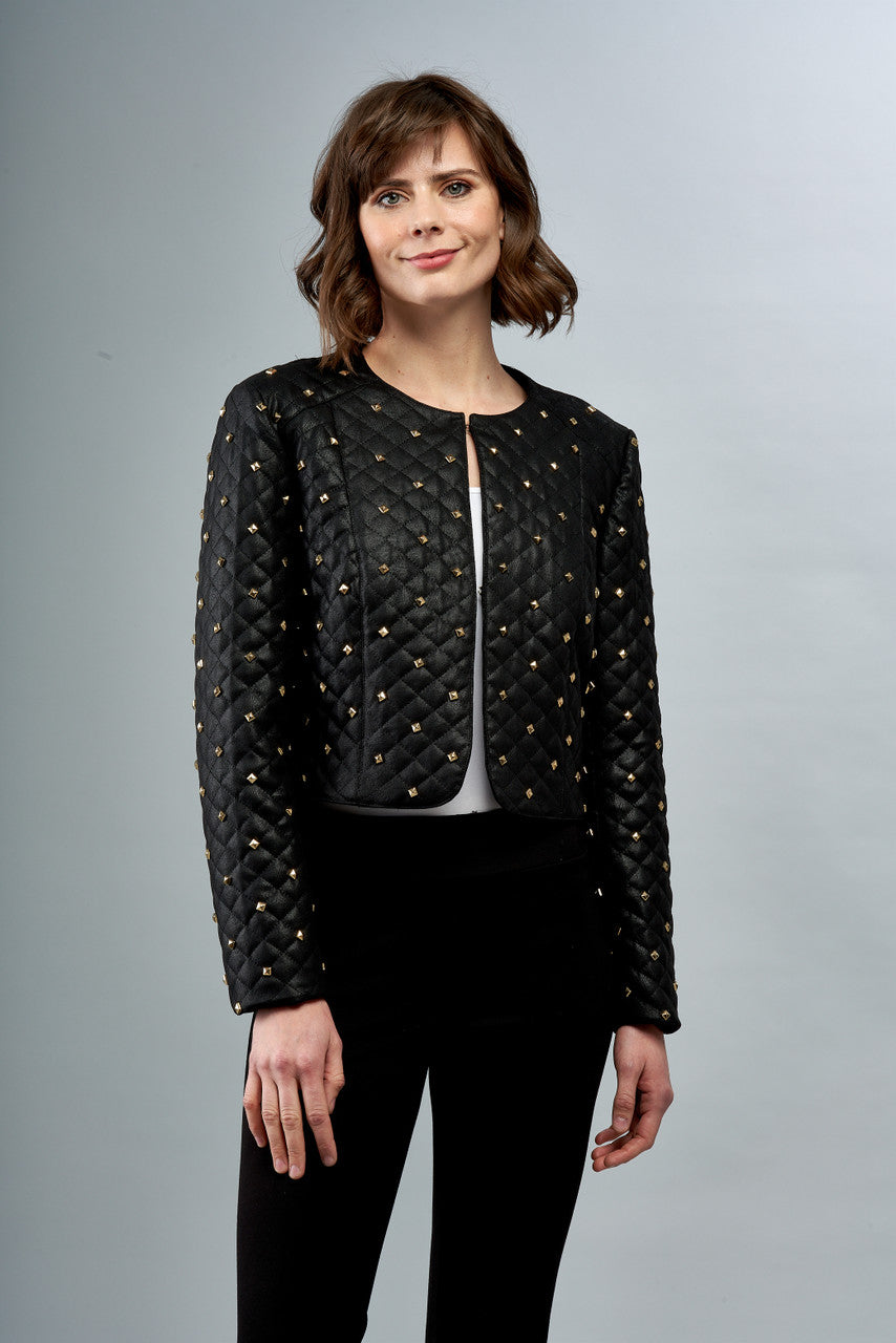 BCJ101C22 - Quilted Faux Vegan Leather Bolero with Studs-01-Jackets/Blazers-Insight-Krista Anne's Boutique, Women's Fashion and Accessories Located in Oklahoma City, OK and Black Mountain, NC