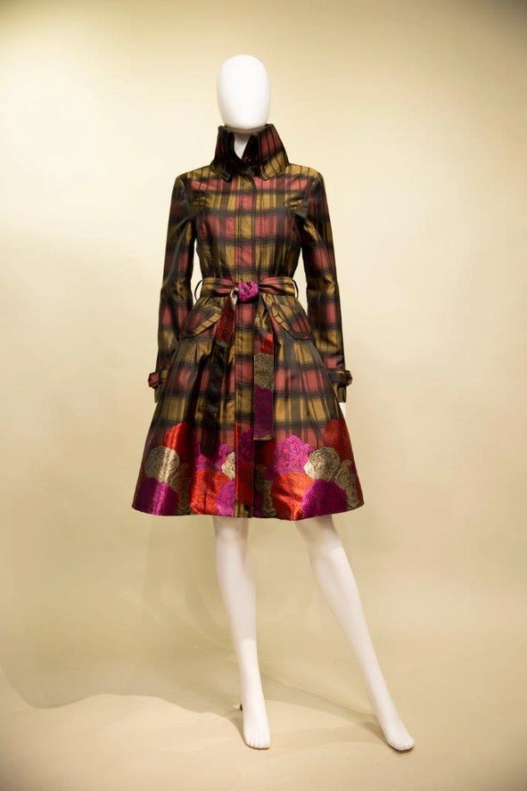 17244 - Plaid & Floral Brocade Coat Dress