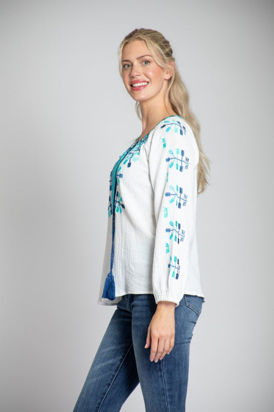 J72A - Embroidered Peasant Top w/ Tassels-02-Tops/Blouses-Apny Apparel Inc-Krista Anne's Boutique, Women's Fashion and Accessories Located in Oklahoma City, OK and Black Mountain, NC