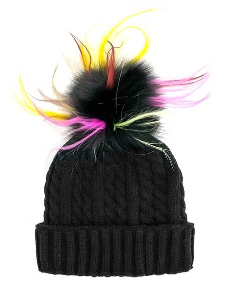 HTEPH2 - Cable Knit Hat w/ Fox Pom-09-Accessories-Mitchie's Matchings-Krista Anne's Boutique, Women's Fashion and Accessories Located in Oklahoma City, OK and Black Mountain, NC