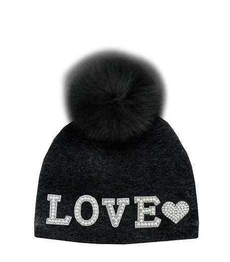 HTA145 - "LOVE" Pearl Pom Hat-09-Accessories-Mitchie's Matchings-Krista Anne's Boutique, Women's Fashion and Accessories Located in Oklahoma City, OK and Black Mountain, NC